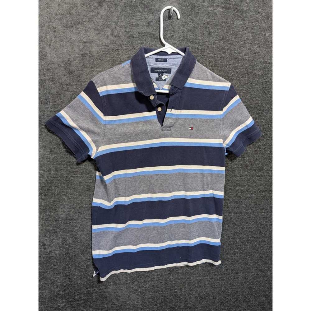 Tommy Hilfiger Mens Slim Fit Stretch Polo Shirt Blue Grey Striped Size M 1815
